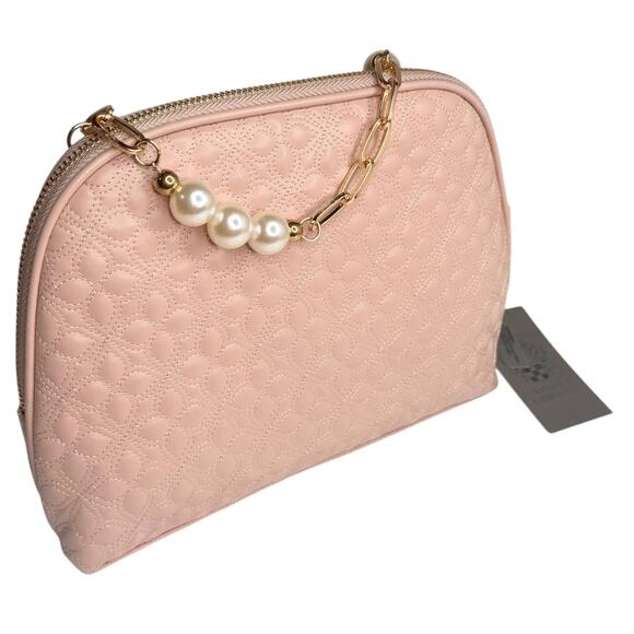 Vince Camuto Cosmetic Bag Blush Pink Bow Gold Pearls Chain Zip 10.5" Makeup Case - Picture 4 of 7